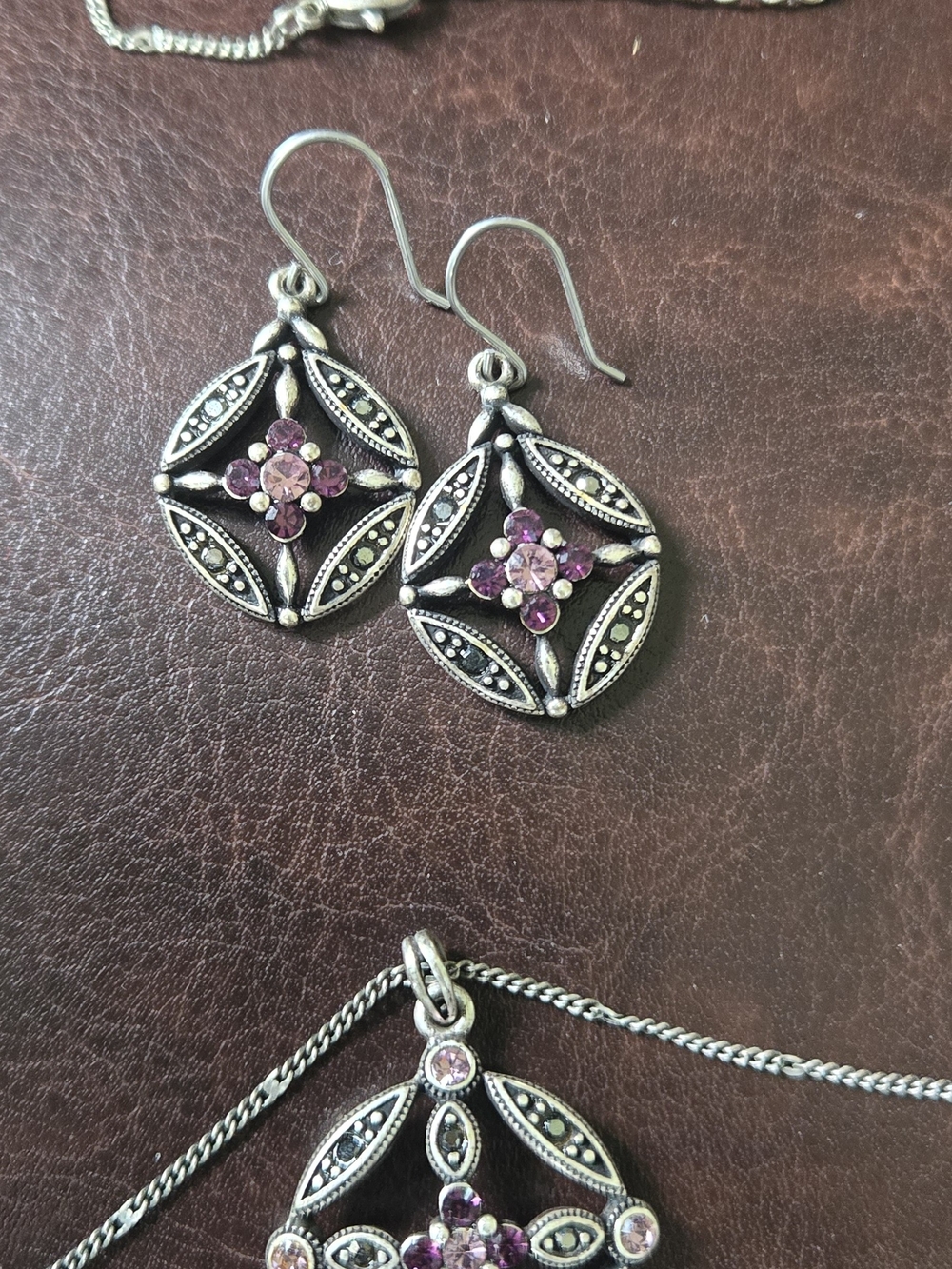 Vintage-Inspired Amethyst & Marcasite Pendant Necklace and Earring Set #M2 - Picture 4 of 5